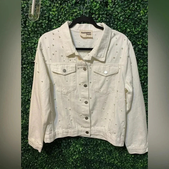Savanna Jane Ivory Pearl Denim Jacket - Size Medium - Picture 3 of 10